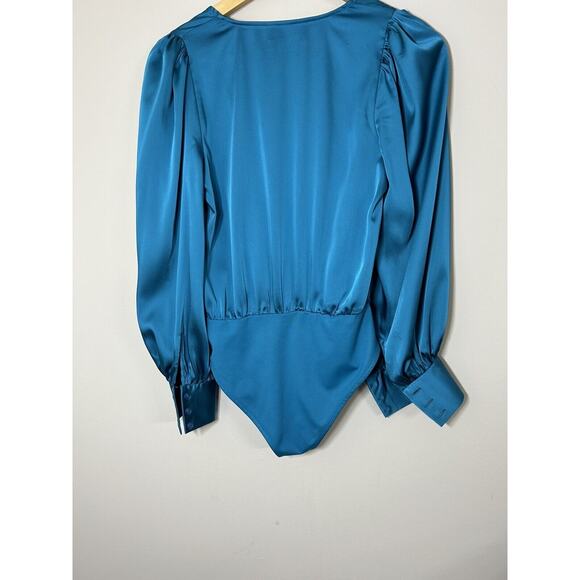 Sergio Hudson Teal Crossover Satin Bodysuit Womens Long Sleeve Blouse Sz XS - Picture 9 of 10